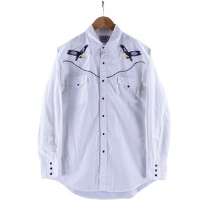 Ely Diamond Mens Size Medium White Western Pearl Snap Eagle Embroidered Shirt